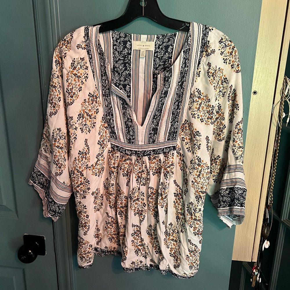 Lucky Brand Floral Blouse - White and Blue
